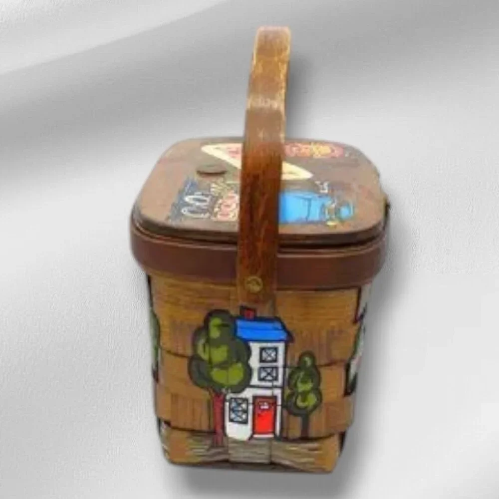 Vintage MCM Caro-Nan Basket Purse Signed Grand Rapids Streetscape Hand Painted - Picture 3 of 14